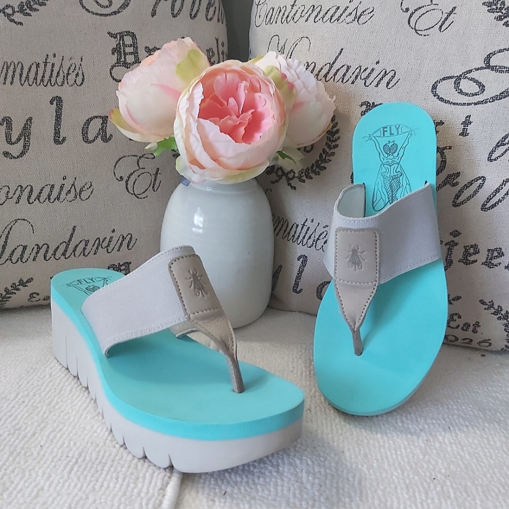 Fly London wedge platform sandals thongs green gray slippers slides y2k